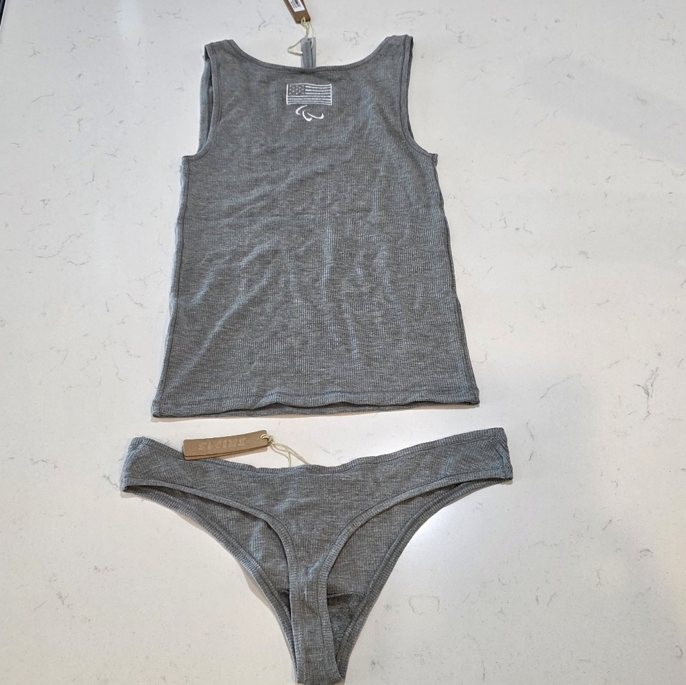 2pcs SKIMS Soft Lounge Rib Tank + Thong Team USA PARALYMPIC HEATHER GRAY - Picture 4 of 14